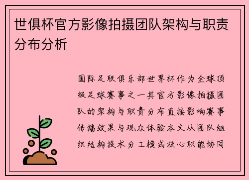世俱杯官方影像拍摄团队架构与职责分布分析