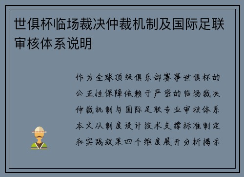 世俱杯临场裁决仲裁机制及国际足联审核体系说明